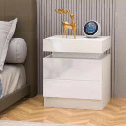 White 2Drawer High Gloss Bedside Table Cabinet Led Rgb Light Storage Nightstand - thumbnail 2