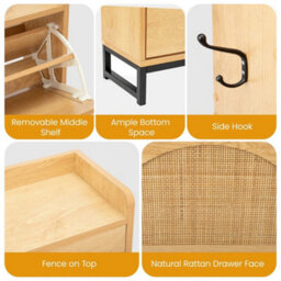 Rattan Shoe Storage Cabinet & 2 Flip Drawers Wooden Shoe Organiser For Hallway - thumbnail 5