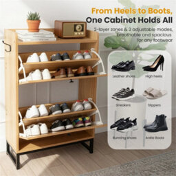 Rattan Shoe Storage Cabinet & 2 Flip Drawers Wooden Shoe Organiser For Hallway - thumbnail 4