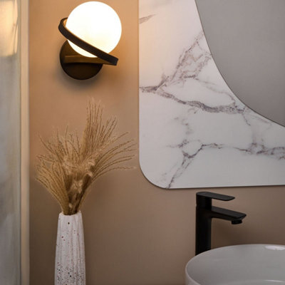 Beliani Wall Lamp Black Metal Base With Frosted Glass Shade, Minimalist Spherical Design, W11 X D16 X H20Cm - image 1