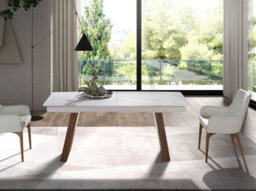 Angel Cerda Elegant Oval Barrel Extending Dining Table In Porcelain Marble And Walnut - thumbnail 2