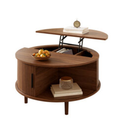 Btm Round Coffee Table With Vertical Slats, Lift-Top Storage, Sliding Door, Mdf - thumbnail 1