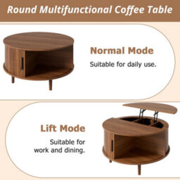 Btm Round Coffee Table With Vertical Slats, Lift-Top Storage, Sliding Door, Mdf - thumbnail 4
