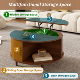 Btm Round Coffee Table With Vertical Slats, Lift-Top Storage, Sliding Door, Mdf - thumbnail 5