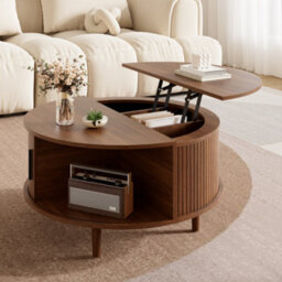 Btm Round Coffee Table With Vertical Slats, Lift-Top Storage, Sliding Door, Mdf - thumbnail 2