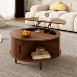 Btm Round Coffee Table With Vertical Slats, Lift-Top Storage, Sliding Door, Mdf - thumbnail 3