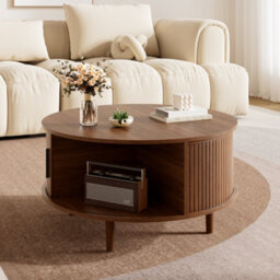 Btm Round Coffee Table With Vertical Slats, Lift-Top Storage, Sliding Door, Mdf - thumbnail 9