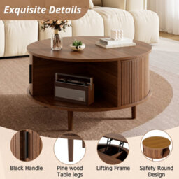 Btm Round Coffee Table With Vertical Slats, Lift-Top Storage, Sliding Door, Mdf - thumbnail 6