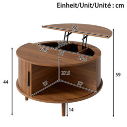 Btm Round Coffee Table With Vertical Slats, Lift-Top Storage, Sliding Door, Mdf - thumbnail 7