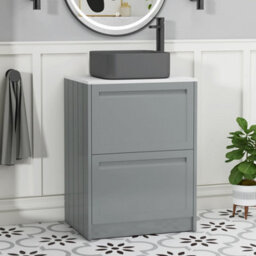 Royal Bathrooms Royal Bathroom Elmore 600mm Matt Pebble Grey Freestanding Countertop Bathroom Vanity Unit 2 Drawer With Art Square Basin
