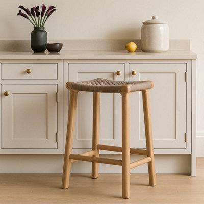 Where Saints Go Ltd London Backless Counter Stool, Grey Woven Rope Seat, Natural Teak Frame, 66Cm By Where Saints Go - image 1