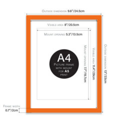 A4 Orange Picture Frame With Mount For A5 (14.8 X 21Cm - 5.8 X 8.3In) Poster, Photo, Artwork, Or Print. - thumbnail 2
