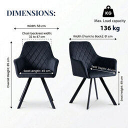 Evre Mason Black Velvet Dining Chairs Set Of 2 Upholstered Chairs With Arms & Metal Legs - thumbnail 2
