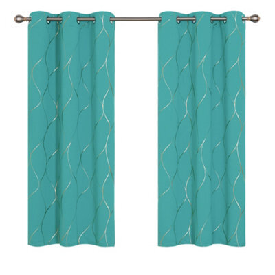 Deconovo Eyelet Blackout Curtains, Thermal Insulated Curtains, Gold Wave Foil Printed Curtains, W46 X L90 Inch, Turquoise, 1 Pair - image 1