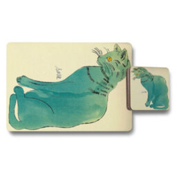 Benjamin Tate Design Designer Art Placemat Coaster Set In Teal Cat Artwork, Wood Base, Limited Edition - thumbnail 1