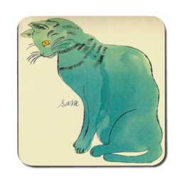 Benjamin Tate Design Designer Art Placemat Coaster Set In Teal Cat Artwork, Wood Base, Limited Edition - thumbnail 3