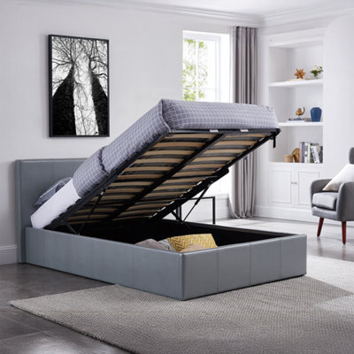 Luna 4Ft Small Double Grey Ottoman Storage Bed Gas Lift - Faux Leather Fabric & Sprung Slats Base - L:203Cm X W:138Cm X H: 88.5Cm - image 1