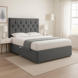 Grey Plush 4Ft6 Double Bed With Matttress  2 Storage Drawers And 20 Inch Chesterfield Headboard - thumbnail 3