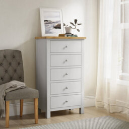 Farro Grey Xl 5 Drawer Tallboy Chest Fully Assembled - Painted With Oak Top By Roseland Furniture - thumbnail 3