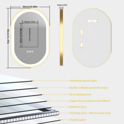 Luvodi Oval Led Bathroom Mirror Anti-Fog 3 Touch Lighted Gold Frame Large Demister Pad 80X50 Cm - thumbnail 2