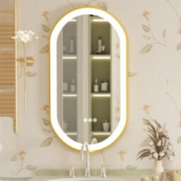 Luvodi Oval Led Bathroom Mirror Anti-Fog 3 Touch Lighted Gold Frame Large Demister Pad 80X50 Cm