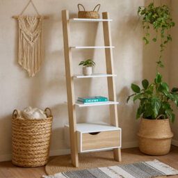 Wyld Haus Sapporo White And Natural Oak Leaning Bookcase 1 Drawer 4 Shelves - thumbnail 1