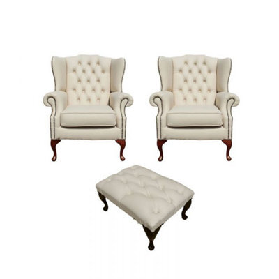 Chesterfield 2 X Wing Chair + Footstool Ivory Leather In Mallory Style - image 1