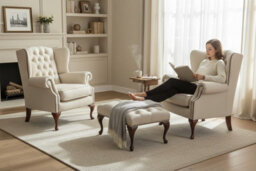 Chesterfield 2 X Wing Chair + Footstool Ivory Leather In Mallory Style - thumbnail 2