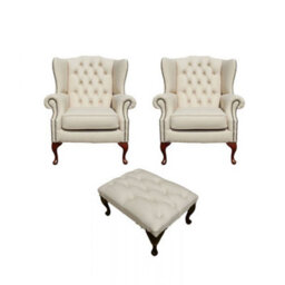 Chesterfield 2 X Wing Chair + Footstool Ivory Leather In Mallory Style - thumbnail 1