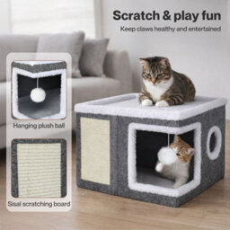 Skylos Cat House Indoor Cat Cave With Scratch Pad Fluffy Ball Cat Pet Bed - thumbnail 6