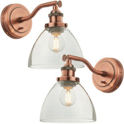 2 Pack Dimmable Led Wall Light Aged Copper & Glass Shade Adjustable Lamp Fitting - thumbnail 1