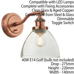 2 Pack Dimmable Led Wall Light Aged Copper & Glass Shade Adjustable Lamp Fitting - thumbnail 2