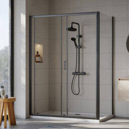 Balterley 6mm Toughened Safety Glass Sliding Shower Door, Side Panel And Shower Tray - 1400 X 800 X 1900mm - Matt Black Frame - White Tray - thumbnail 5