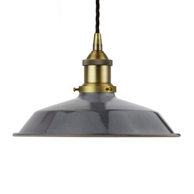 Slate Grey Small Trinity Metal Painted Dome Pendant Light With Matt Antique Brass Lamp Holder And Black Twisted Cable - Se Home - image 1