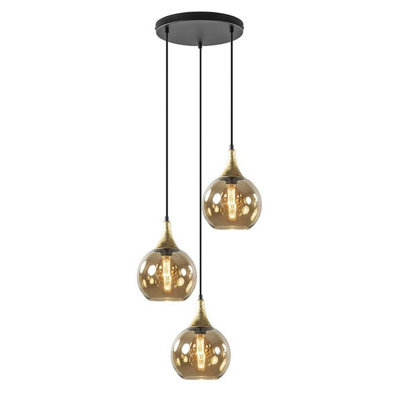 Luminosa Lighting Luminosa Callisto Cluster Pendant Ceiling Light Black, Gold Amber Glass Shade 3X E27 - image 1