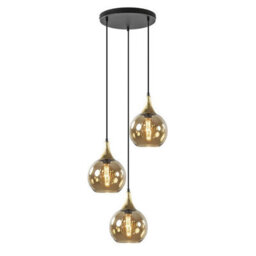 Luminosa Lighting Luminosa Callisto Cluster Pendant Ceiling Light Black, Gold Amber Glass Shade 3X E27 - thumbnail 1