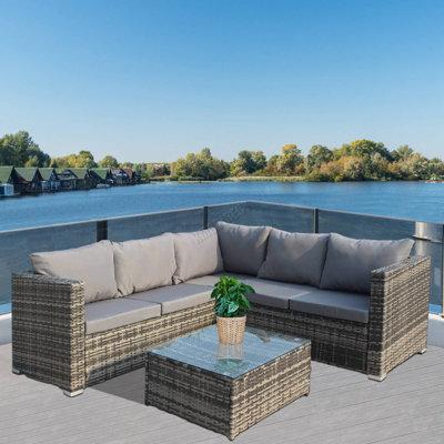 Birchtree Rattan Garden Furniture Set Corner Sofa Glass Table Patio 5 Seaters Grey - image 1