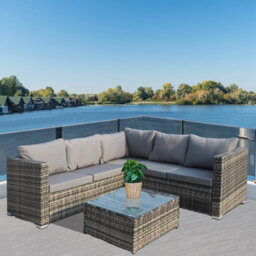 Birchtree Rattan Garden Furniture Set Corner Sofa Glass Table Patio 5 Seaters Grey - thumbnail 1