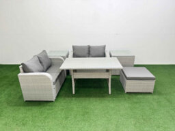Fimous 5 Seater Outdoor Love Sofa Set Rattan Garden Furniture Set Rectangular Dining Table Big Footstool 2 Side Tables Light Grey - thumbnail 1