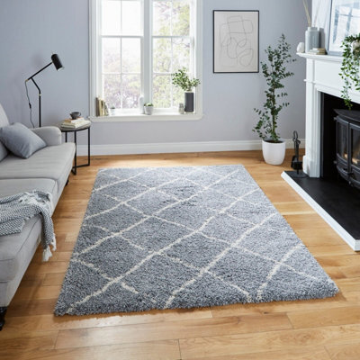Grey Cream Shaggy Modern Geometric Moroccan Rug For Living Room Bedroom And Dining Room-160Cm X 220Cm - image 1