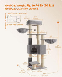 Songmics Cat Tree, Heavy-Duty Cat Tower With Self-Warming Pads, 2 Self-Groomers, 9 Scratching Posts, Dove Grey And Cream White - thumbnail 2
