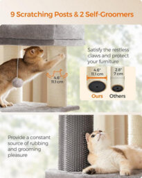 Songmics Cat Tree, Heavy-Duty Cat Tower With Self-Warming Pads, 2 Self-Groomers, 9 Scratching Posts, Dove Grey And Cream White - thumbnail 6