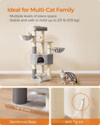 Songmics Cat Tree, Heavy-Duty Cat Tower With Self-Warming Pads, 2 Self-Groomers, 9 Scratching Posts, Dove Grey And Cream White - thumbnail 5