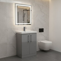 Balterley Bramshall Modern Bathroom 2 Soft Close Door & Mid-Edge Vanity Unit Basin, Satin Grey, 600mm - thumbnail 3