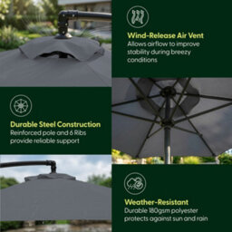 Keplin 3M 6 Ribs Cantilever Garden Parasol Umbrella With Crank Handle & Cover, Uv Resistant, Water-Repellent Polyester,  Grey - thumbnail 5
