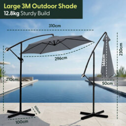 Keplin 3M 6 Ribs Cantilever Garden Parasol Umbrella With Crank Handle & Cover, Uv Resistant, Water-Repellent Polyester,  Grey - thumbnail 8