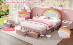 Btm 4Ft6 Double Upholstered Bed With Rainbow Crown Headboard Velvet Frame Storage Drawer Pink No Mattress - thumbnail 9
