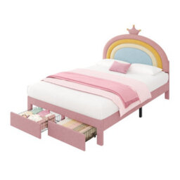 Btm 4Ft6 Double Upholstered Bed With Rainbow Crown Headboard Velvet Frame Storage Drawer Pink No Mattress - thumbnail 8