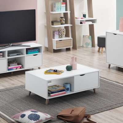 Timber Art Design Pulford Scandi Coffee Table 2 Drawers White Living Room Storage Furniture - image 1