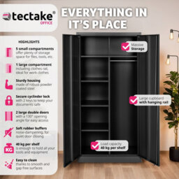 Tectake Filing Cabinet - Locker With 6 Shelf Compartments, Clothes Rail, 2 Wing Doors - 1 - Black - thumbnail 2